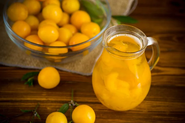 Sweet Cooked Compote Glass Decanter Ripe Yellow Cherry Plum Wooden — Stock Photo, Image