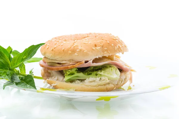 Morning Sandwich Bacon Cheese Herbs White Background — Stock Photo, Image