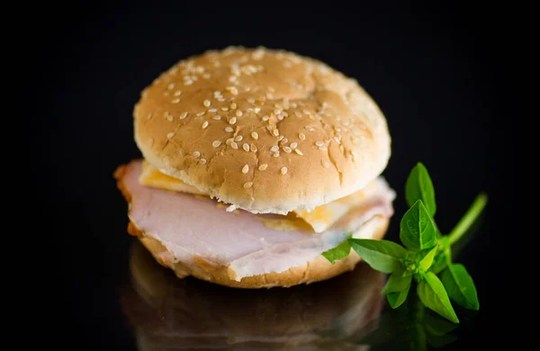 Morning Sandwich Bacon Cheese Herbs Black Background — Stock Photo, Image