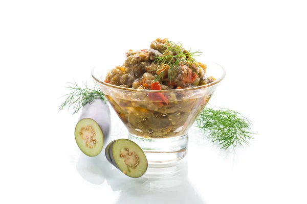 Cooked Summer Eggplant Caviar Vegetables Bowl Isolated White Background — Stock Photo, Image