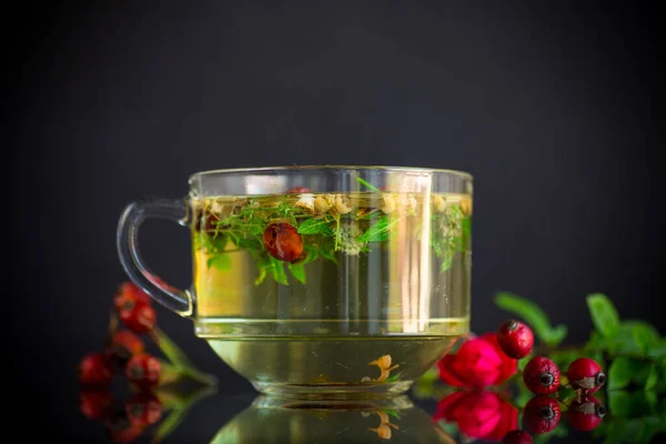 Горячий Травяной Чай Различных Трав Стеклянной Чашке Изолированы Черном Фоне — стоковое фото