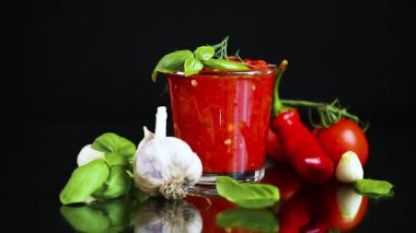 Fesleğen yapraklı ve sarımsak soğanlı organik domates sosu..