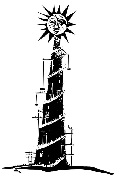 太陽に建設中のタワーとプライドの木版画スタイル表現主義イメージ — ストックベクタ