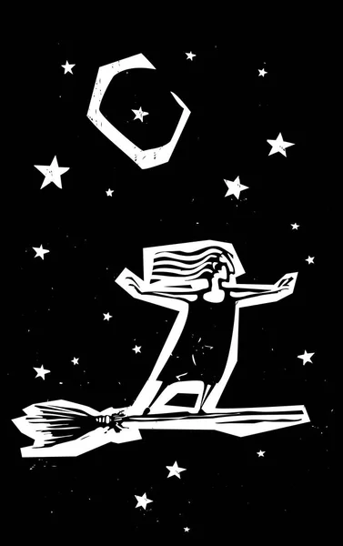 木刻风格表现主义手法女巫在夜空中的扫帚上 — 图库矢量图片