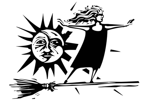 Sorcière Expressionniste Style Woodcut Sur Balai Avec Soleil Lune — Image vectorielle