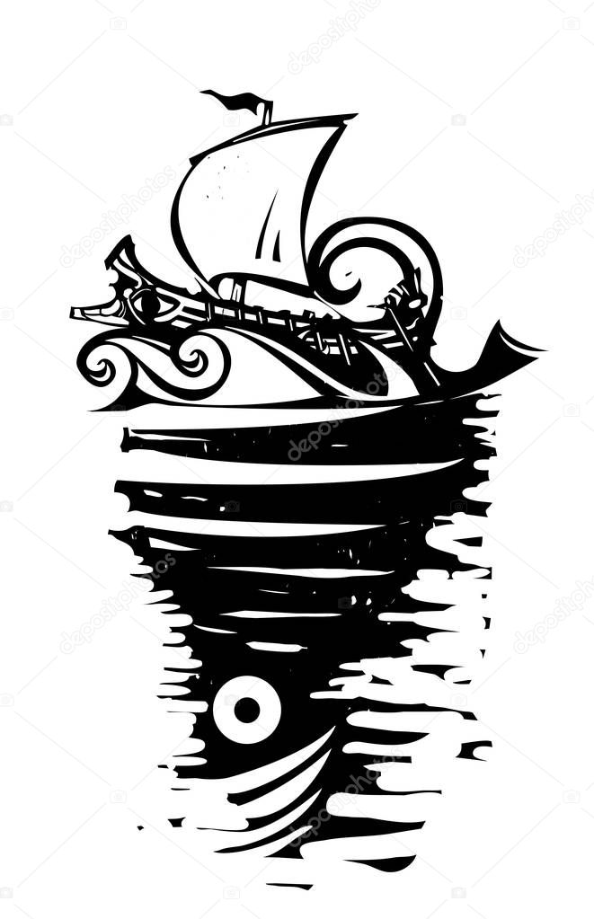 Woodcut image of the sea monster Charybdis and Odysseus ship