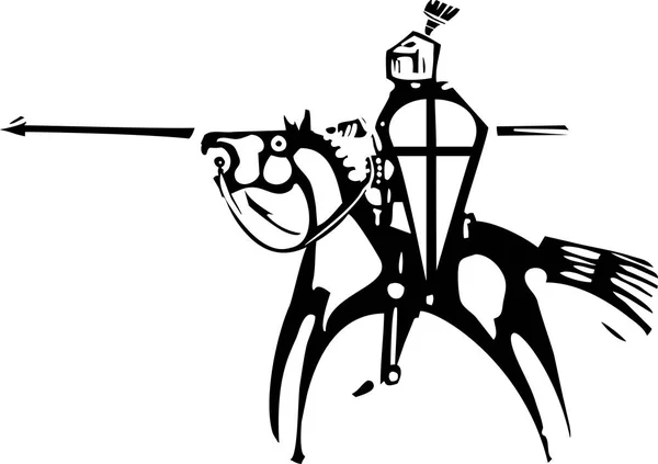 馬と槍に乗って表現主義の木版画の騎士 — ストックベクタ