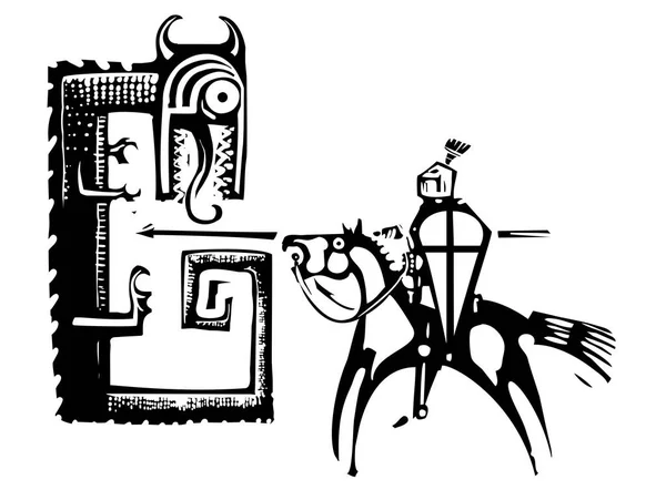 竜を退治する騎士聖ジョージの木版画のスタイル表現主義イメージ — ストックベクタ