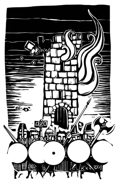 Woodcut Dwarves and Burning tower — ストックベクタ