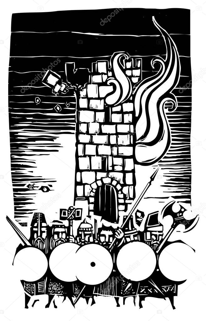 Woodcut Dwarves and Burning tower