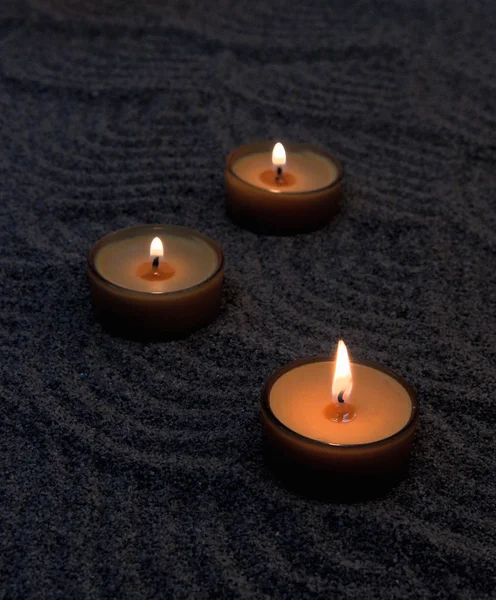 Zen Composition Candles Sand Calming Patterns Sand — Stock Photo, Image