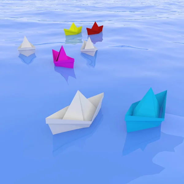 Paper boats, business concept of communication and leadership, 3d render, 3d illustration Royalty Free Stock Images