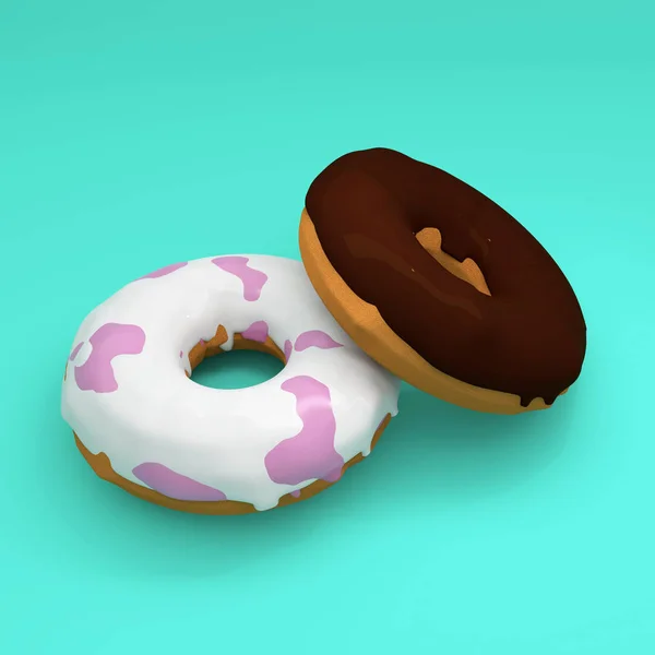 Zwei Glasierte Donuts Oder Donuts Auf Hellgrünem Hintergrund Render Illustration — Stockfoto