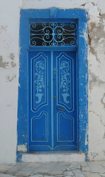 Tradicional Mediterrâneo Azul Porta Madeira — Fotografia de Stock