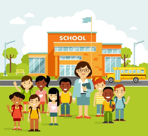 フラットなスタイルの校舎と学校の子供たち. — ストックベクタ