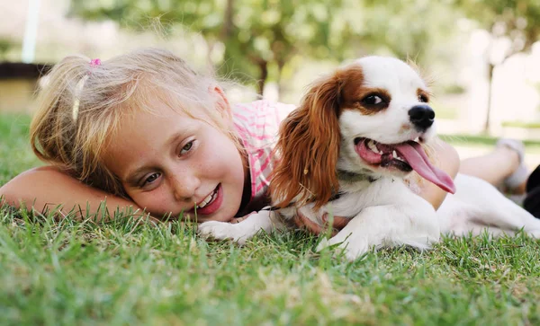 公園でチャールズ子犬キャバリア キングと草の上に横たわって幸せな小学校低学年女の子 — ストック写真