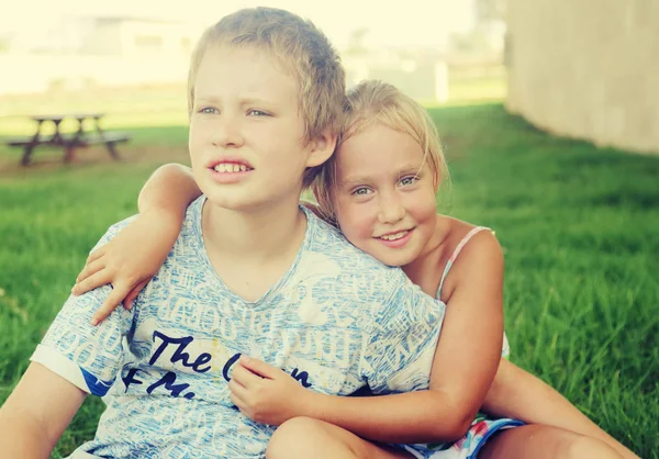 Portrait Happy Years Old Girl Her Years Old Autistic Brother — Stock Photo, Image