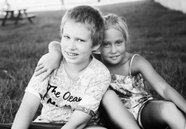 Portrait Happy Years Old Girl Her Years Old Autistic Brother — Stock Photo, Image