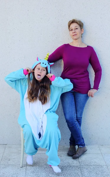 Mother Daughter Unicorn Costume Strange Family Teen Problems — Stock Photo, Image