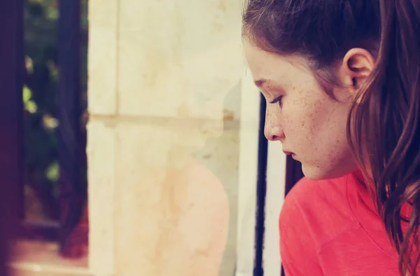 Teenager Girl Sad Depressed Looking Out Window — Stock Photo, Image