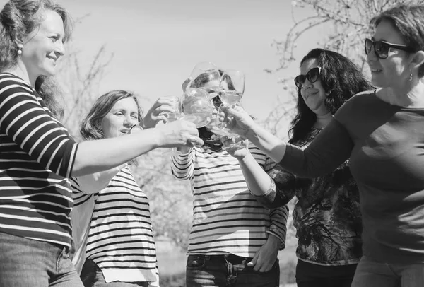 Souriant vraies femmes mûres tient des verres de champagne — Photo