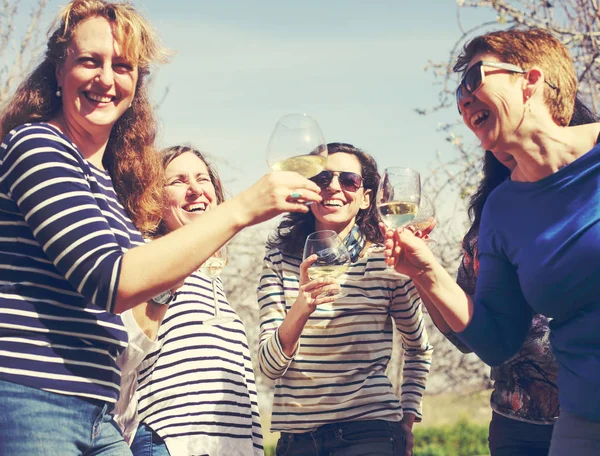 Glimlachend echt rijpe vrouwen houdt champagneglazen — Stockfoto