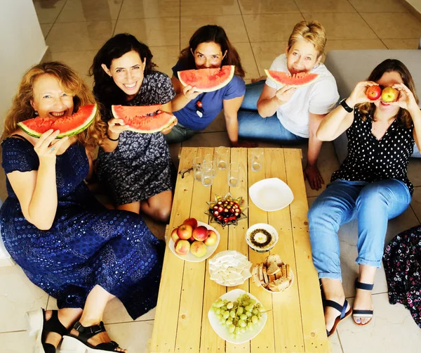 Five nice happy mature females smiling and  holding watermelon — 스톡 사진