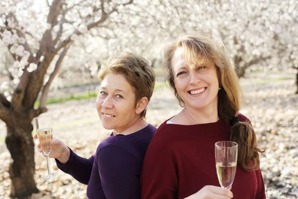 Retrato Aire Libre Dos Mejores Amigas Mujeres Celebrando Fin Del —  Fotos de Stock