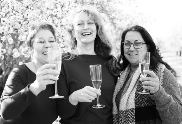 Retrato Aire Libre Las Mejores Amigas Mujeres Celebrando Fin Del —  Fotos de Stock