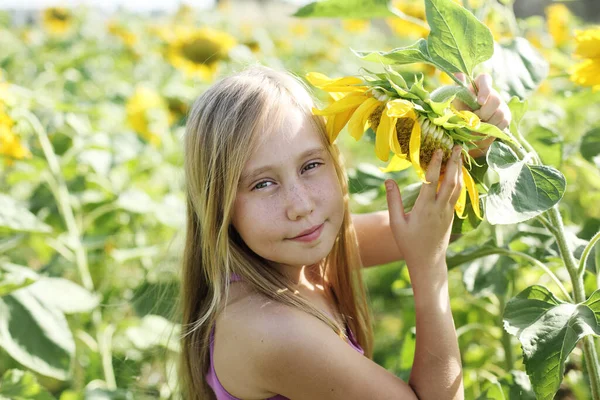 Portrét Roztomilé Dívky Těšit Svobody Slunečnicovém Poli — Stock fotografie