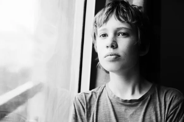 Cute Years Old Autistic Boy Looking Window — Stock Photo, Image