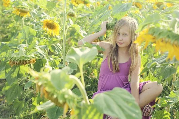 Tatlı bir kızın portresi Ayçiçeği tarlasında özgürlüğün tadını çıkarıyor