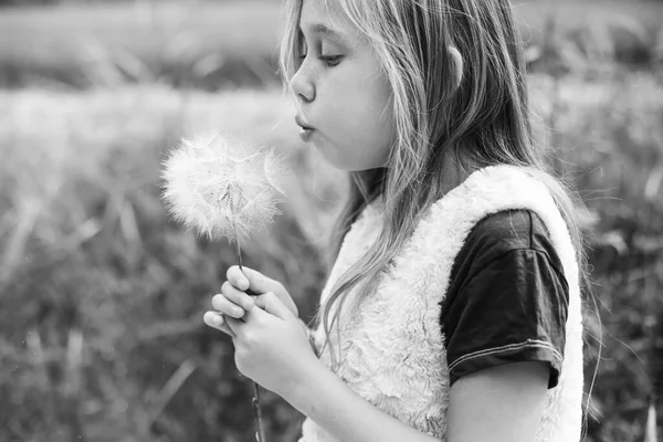 Portret Van Schattig Meisje Met Paardebloem Outdoor — Stockfoto