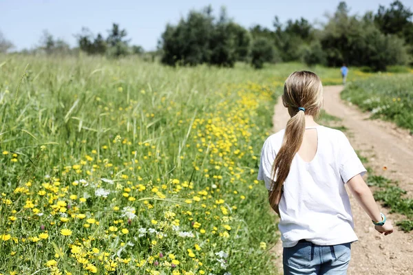 Niña Años Caminando Campo Flores — Foto de Stock