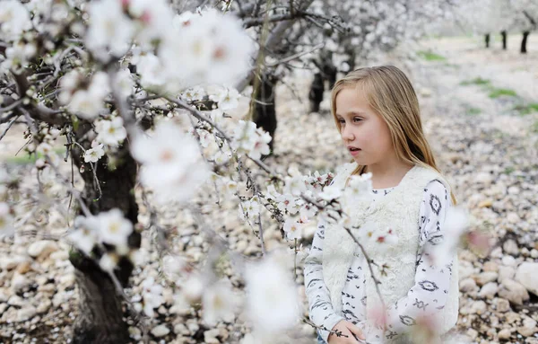 9歳の少女は春の庭を歩く木の開花中に — ストック写真