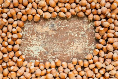 Kuru fındık kabuğu ile kopya alanı ahşap arka plan üzerinde arka plan