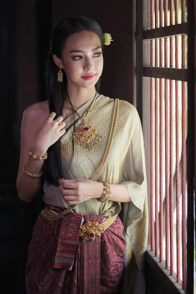Mulheres Tailandesas Vestindo Trajes Tradicionais Tempos Antigos Durante Período Ayutthaya — Fotografia de Stock