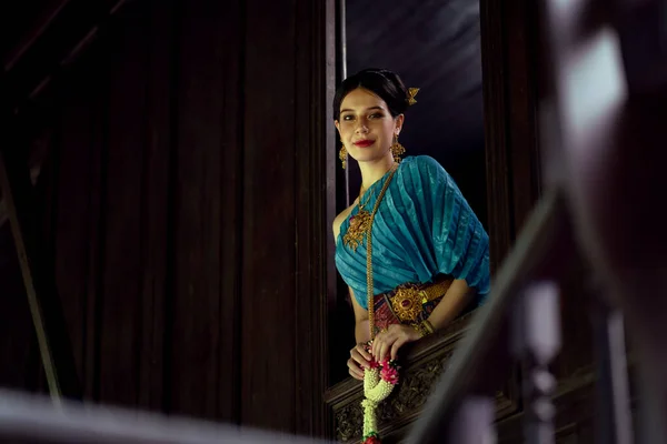 Women Wearing Thai National Costumes Standing Window Thai House — Stock Photo, Image