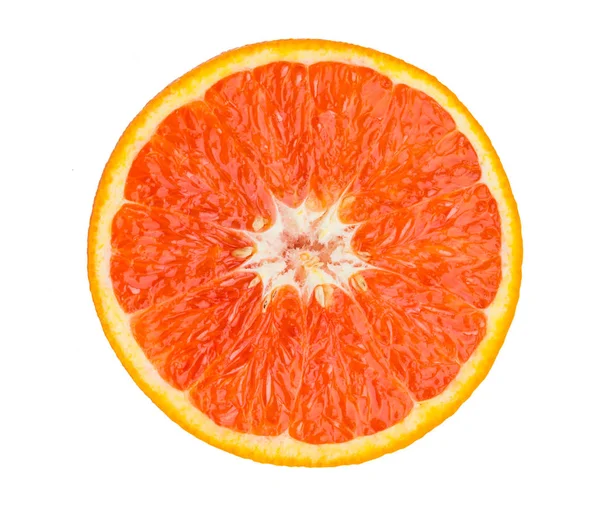 Laranja Vermelha Cortada Meio Fundo Branco — Fotografia de Stock