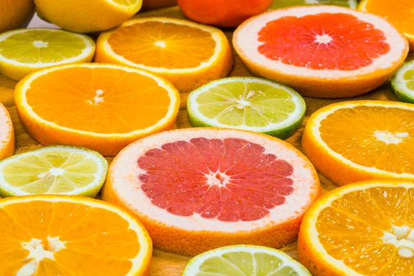 Fundo Citrinos Com Laranjas Fatiadas Limões Tangerinas Limão Toranja Como — Fotografia de Stock