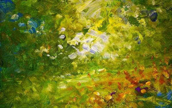 Hand painted impressionistic garden landscape painting sketch, oil paints on acrylics on board. Leisure, hobbies, art, craft, brush strokes.