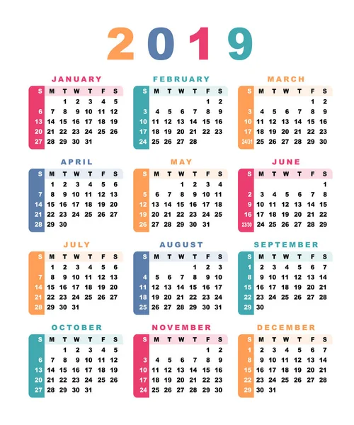 Kalender 2019 Week Begint Met Zondag Vectorillustratie — Stockvector