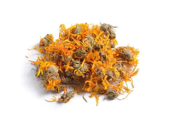 Dried Medicinal Herbs Raw Materials Isolated White Flower Pot Marigold — Stock Photo, Image