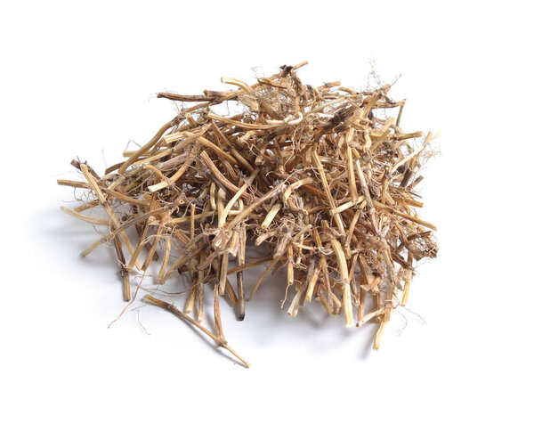 Dried medicinal herbs raw materials isolated on white. Root of Elytrigia.