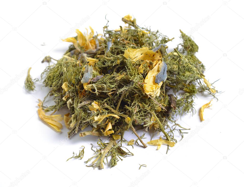 Dried medicinal herbs raw materials isolated on white. Adonis plant. 