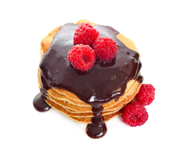 Pancakes Raspberries Chocolate Sauce Isolated White Background — Stock Photo, Image