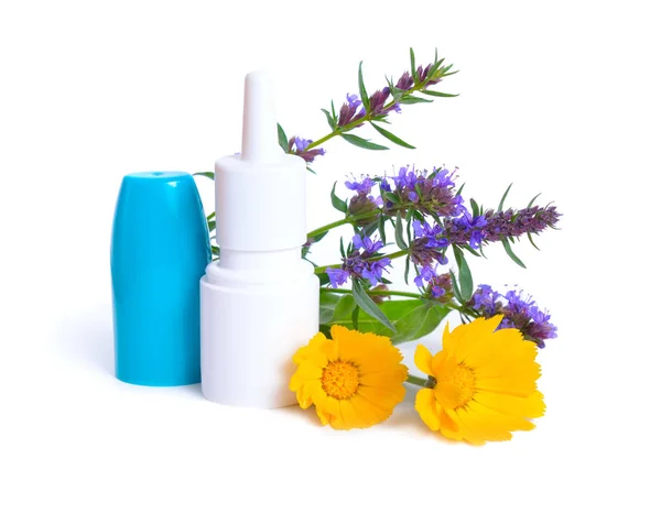 Medicinal plants Calendula and Hyssop with Nose spray. Isolated on white — Stock Photo, Image