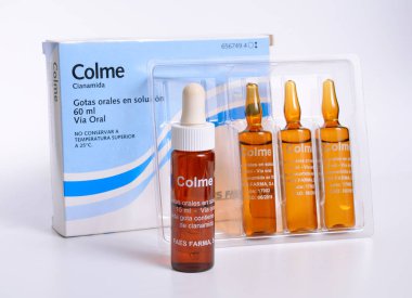 Kiev, Ukrayna. 01.11.2018. Colme - alkol bağımlılığı tedavisi için bir ilaç. Cyanamide içerir. İspanya'da, Faes Farma yapılan.