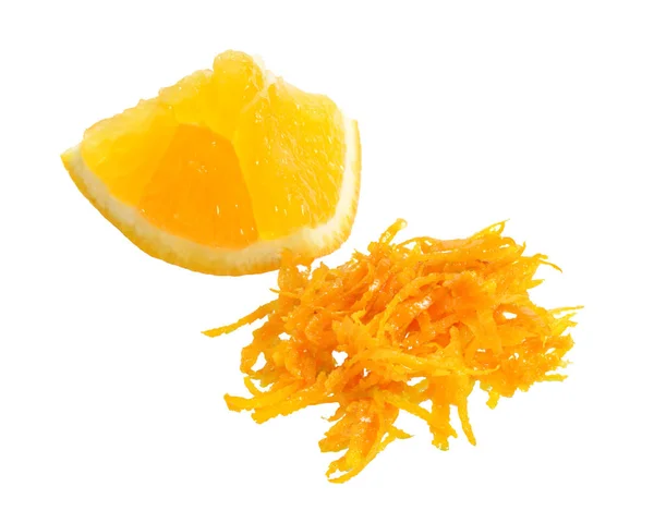 Laranja Fresca Zest Com Pedaço Fruta Isolado Sobre Fundo Branco — Fotografia de Stock