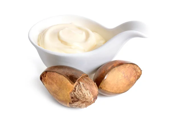 Shea Nuts Butter Cream Bowl Isolated White Background — Stock Photo, Image